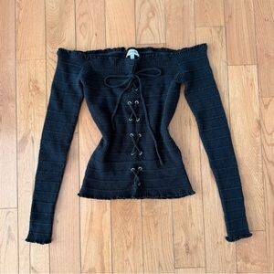 Black Off the Shoulder Ribbed Lace Up Long Sleeve 🖤